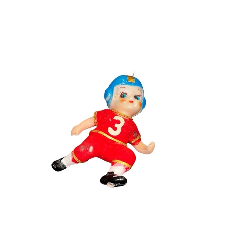 Vintage 60s plastic Football Player Blow Mold Small Christmas Ornament Red Blue